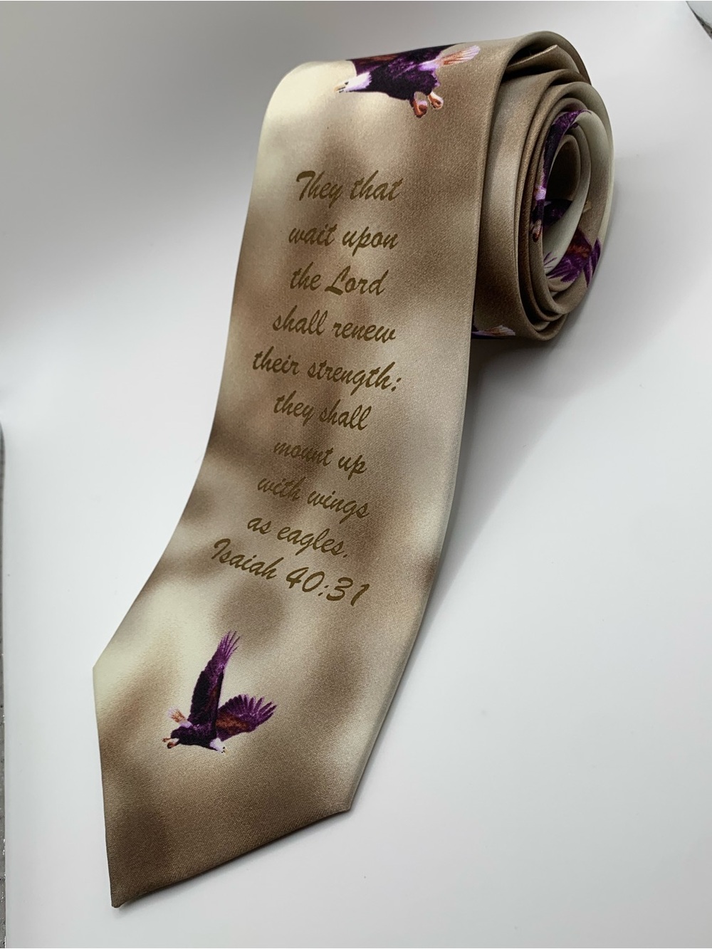 Taupe Faith-Inspired Men's Tie with Purple Eagle Accent- ISAIAH 40:31